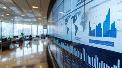 Control room with interactive holographic financial dashboard high-tech industrial design futuristic office