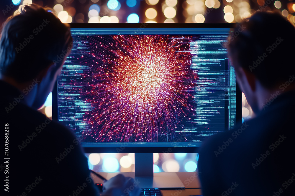 Poster two professionals examine intricate data visualizations on computer monitors in a dimly lit workspac