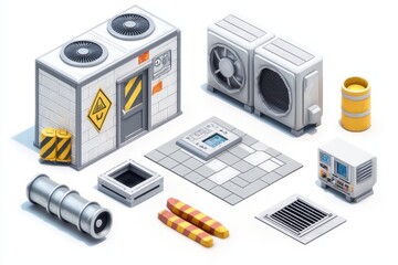 Isometric industrial equipment with air conditioning units, pipes, and accessories, isolated on white background.