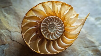 Obraz premium Spiral nautilus shell on natural stone surface for coastal home decor and nature study Fibonacci Day