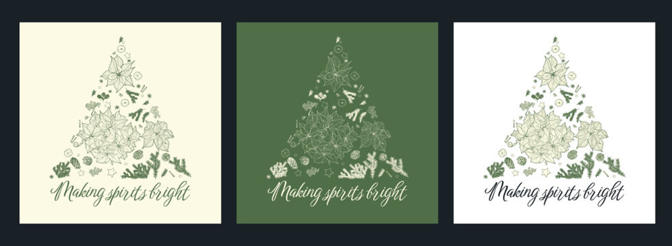 Modern Merry Christmas square visuals with typography, poinsettia, pine cones, pine branches. Elegant vector hand drawn illustration for Christmas social media post.