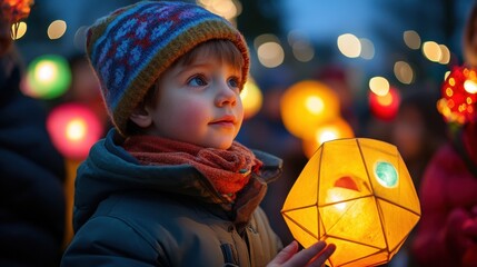 Child holding lantern at winter festival celebration, illuminated evening St. Martin's Day.