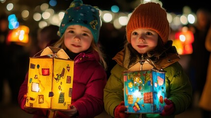 Children enjoying a lantern festival during winter night St. Martin's Day.