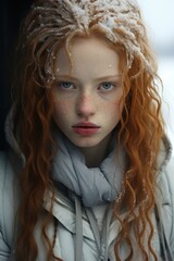 Fototapeta premium Winter portrait of a woman with snow-kissed red hair and freckles Love Your Freckles Day