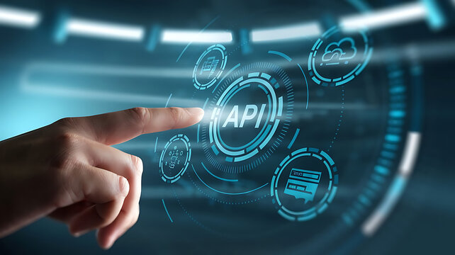 API interface, Application programming interface, Businessmen Interacting with a Futuristic API Interface, business technology, API integration
