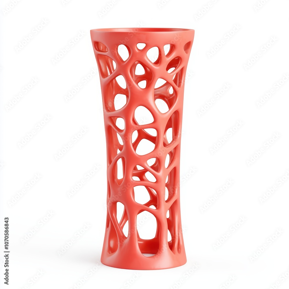 Poster modern abstract vase with a unique design, showcasing intricate patterns and a vivid coral color.