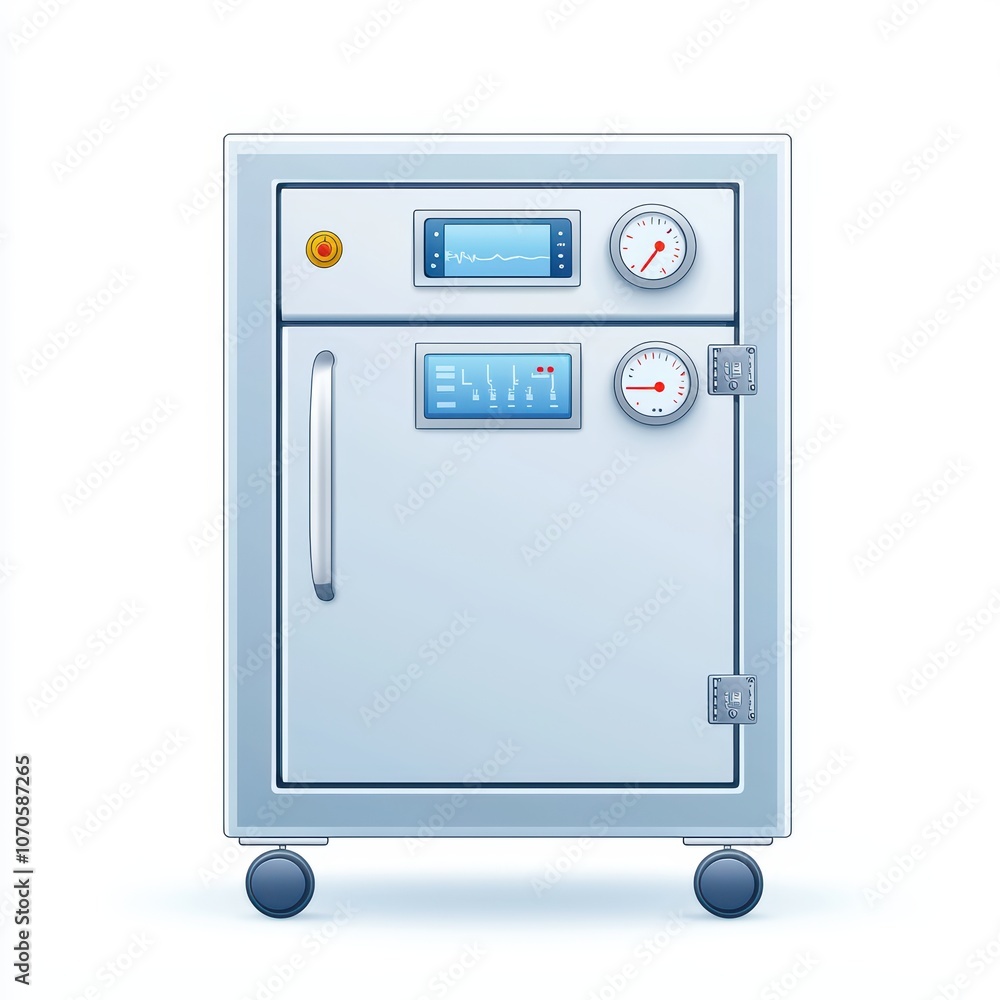 Poster modern laboratory incubator with digital display and controls, white isolate background.