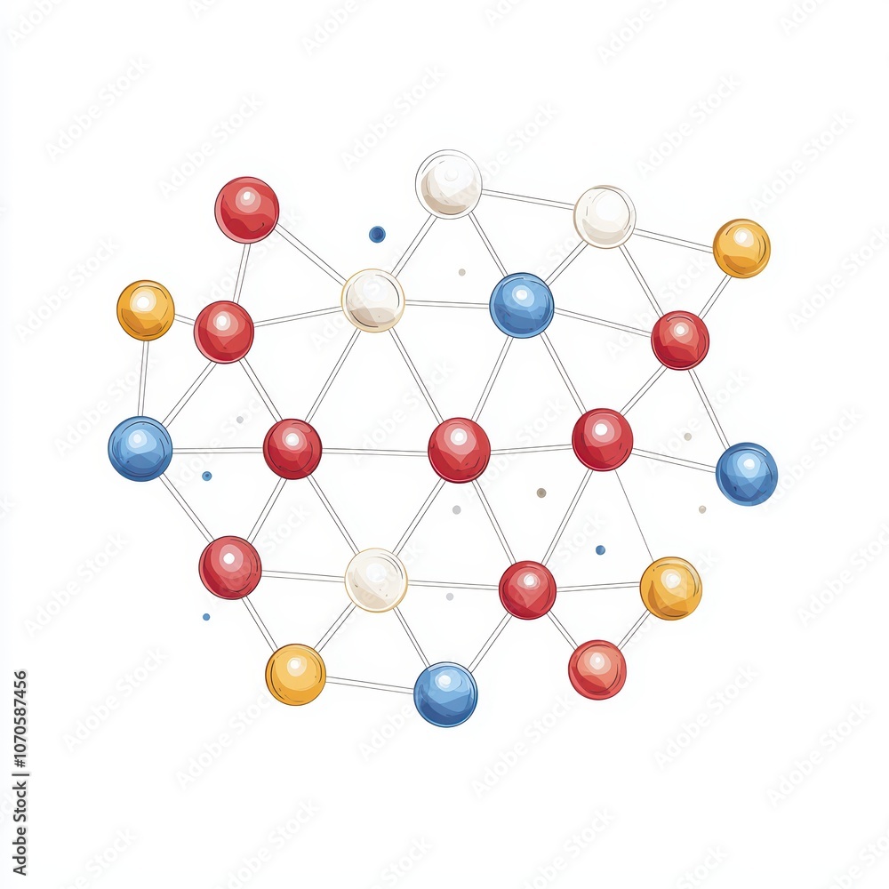 Poster molecular structure representation with colorful atoms on a white isolated background.