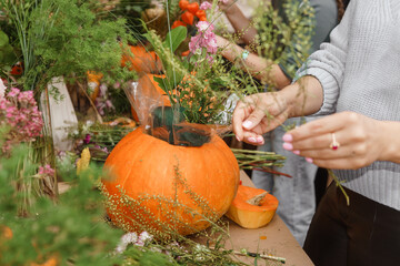 Creating a floral composition in a pumpkin. Making decor with your own hands.