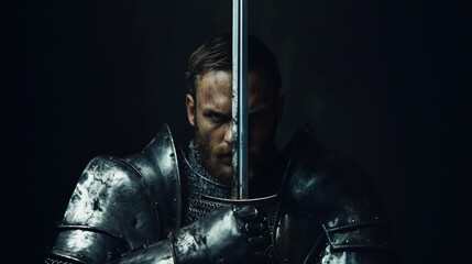A warrior clad in steel armor holds a sword in front of his face, his stern gaze piercing the darkness, reflecting strength and inflexibility in battle.