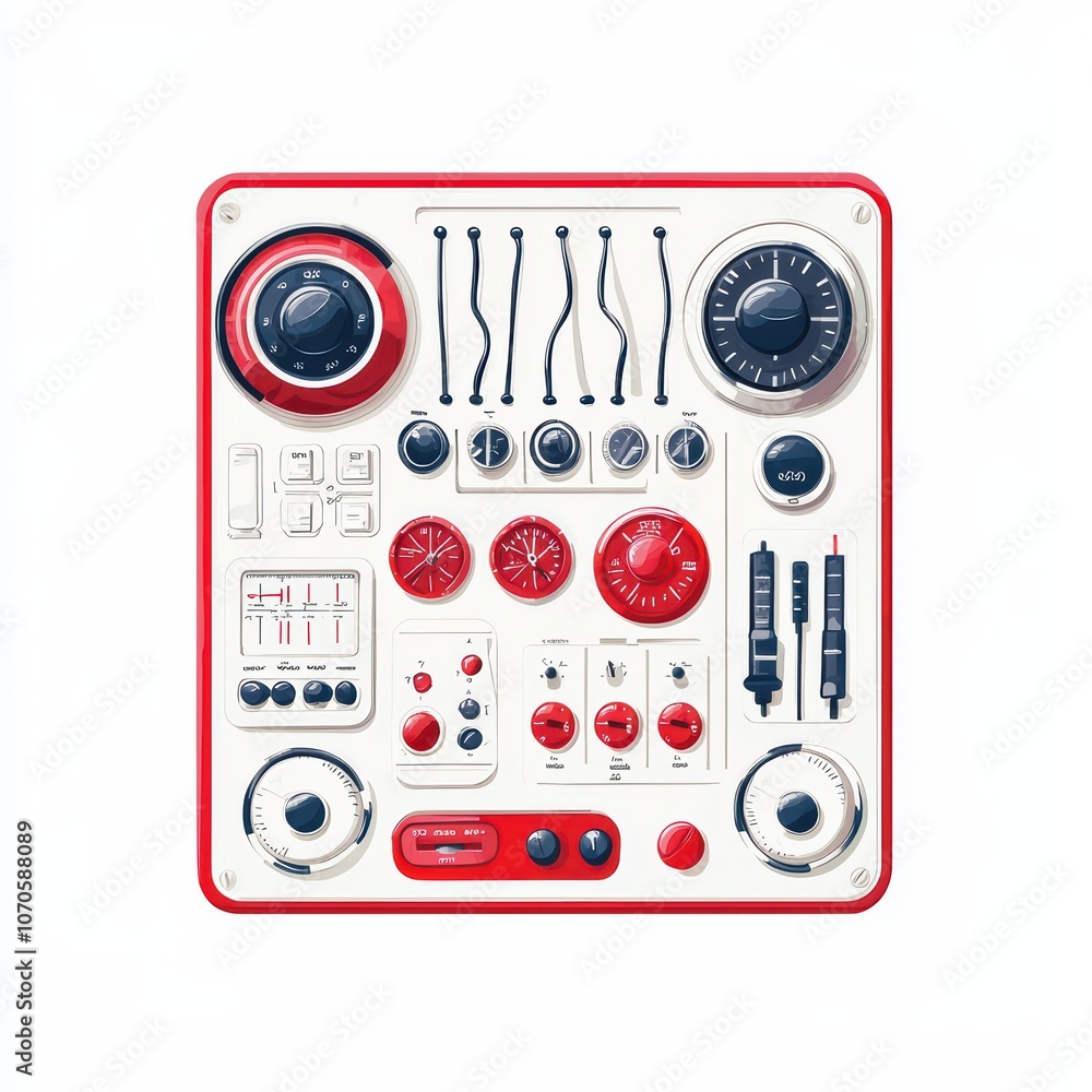 Poster retro control panel with various knobs and dials on a white isolated background.
