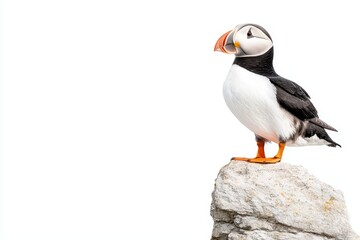 Naklejka premium Puffin perched on a rock, showcasing vibrant beak and feathers, isolated on a white background.