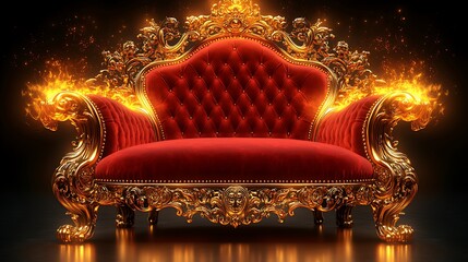 A luxurious red velvet throne with golden ornate detailing, set against a black background, with flames emanating from the arms.