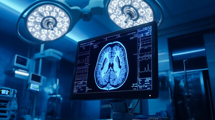 A digital computer screen with detailed X-ray of a human brain in a modern operating room. Brain scan on a computer monitor in a medical office
