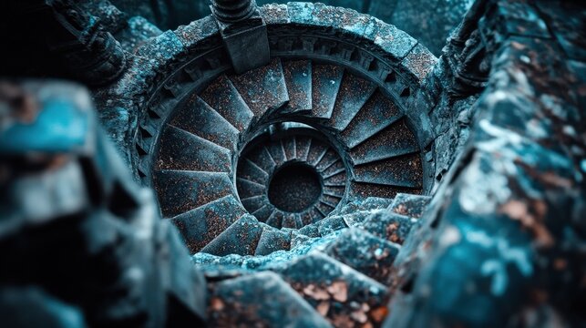 A deep and winding spiral staircase offers a mysterious journey into the depths of an ancient stone structure, enticing with its esoteric and cryptic allure.