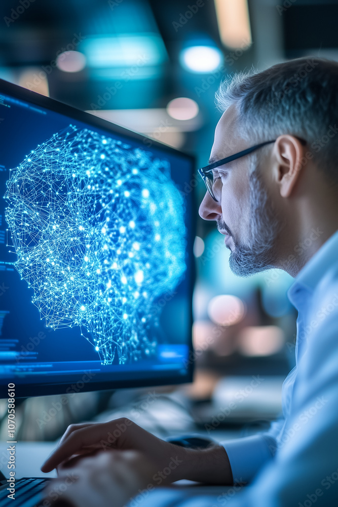 Poster a man in glasses intently studies intricate data patterns displayed on his computer monitor