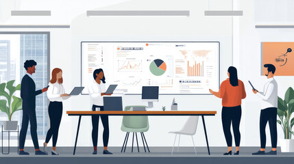 Multicultural professionals discussing climate action plans, innovative workspace with renewable energy models and charts,