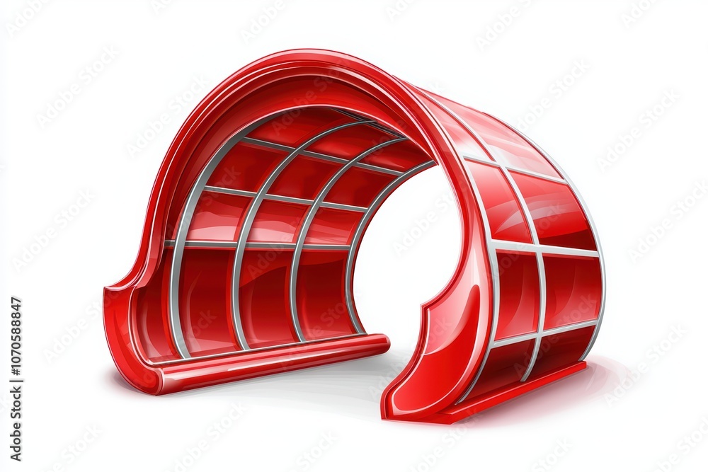 Poster stylish red architectural structure with a curved design, white isolated background.
