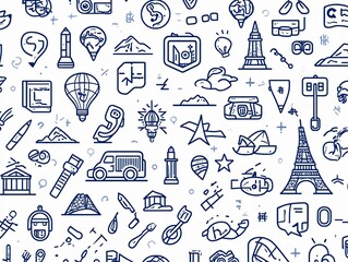 Travel Destination Icons Line Art Pattern