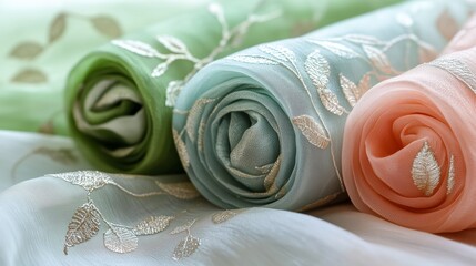 Colorful Silk Rolls with Intricate Leaf Patterns