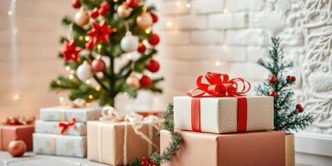 Decorated Christmas tree and gift boxes against white brick wall with space for text, holiday, December