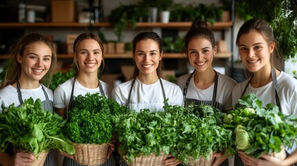 A vibrant gathering young women celebrate a bountiful harvest of fresh garden vegetables