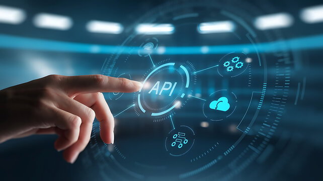 API interface, Application programming interface, Businessmen Interacting with a Futuristic API Interface, business technology, API integration