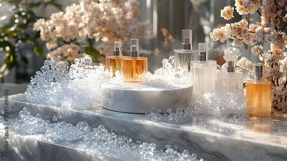 Poster marble podium adorned with a cascading arrangement of sparkling sapphires creating a glamorous and h