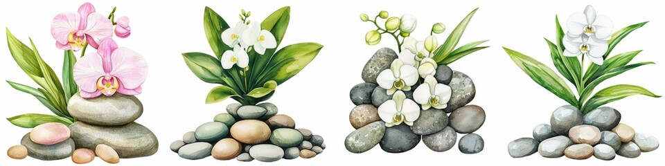 Fototapeta premium Four stacked arrangements of stones adorned with delicate flowers and greenery, set against a white background, symbolizing harmony and balance.
