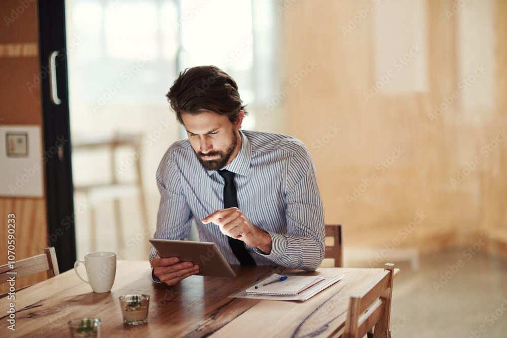 Aufkleber tablet, communication and businessman in office with email for online cv review for recruitment. dig
