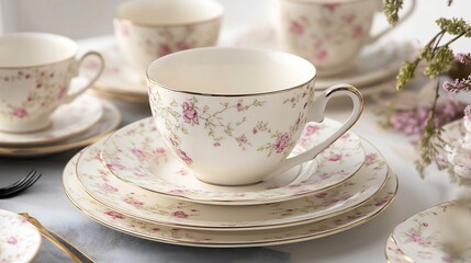 Charming dinner table with delicate porcelain crockery and floral designs evoking a sense of timeless elegance