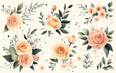 Elegant arrangement of peach roses with delicate leaves and a soft background, perfect for floral designs and decorations.