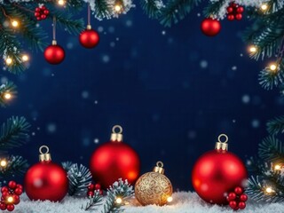 Snowy pine trees with twinkling lights and hanging ornaments against a dark blue sky, ornaments, decorative