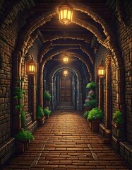 Obraz premium Mystical Dungeon Corridor in Pixel Art Style