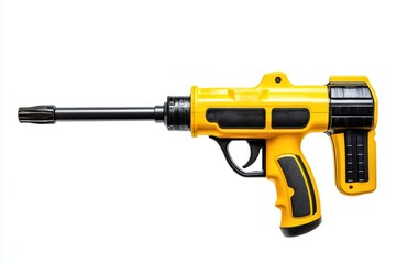 Yellow toy water gun with black accents, isolated on a white background.