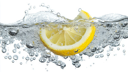 Close-up of a fruit slice in sparkling soda water with bubbles background macro photography