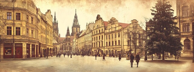 Naklejka premium Vintage style of a street in the historic center of Wroclaw, Poland, with old buildings and people walking along it