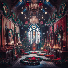 Obraz premium Festive Christmas fireplace Winter and Christmas holidays background