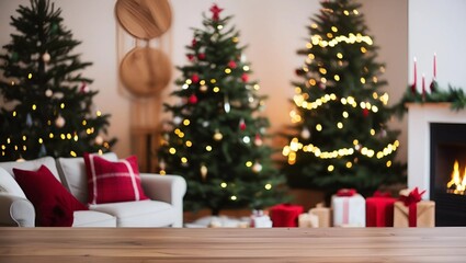 Cozy Christmas living room with glowing trees, red ornaments, a wreath, stockings by the fireplace, and a warm fire. Wooden table in the foreground adds warmth to this festive. generative ai