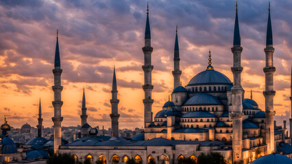 Obraz premium Blue mosque in istanbul a serene scene of the blue mosque sultan ahmed mosque during the golden, Ai Generated