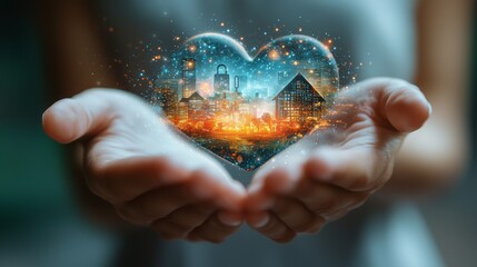 Abstract Hand Holding Cityscape Heart Structure