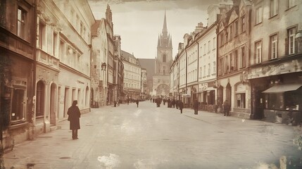 Naklejka premium Vintage style of a street in the historic center of Wroclaw, Poland, with old buildings and people walking along it