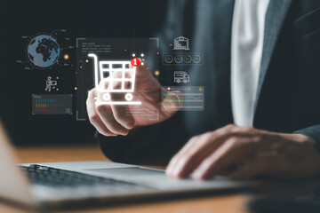 Business person point and manage online e-commerce business automation logistic supply chain in online dashboard. Global worldwide logistic management for online shopping with warehouse inventory.