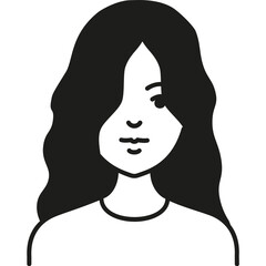 Stylized Black and White Illustration of a Young Woman With Long Wavy Hair and a Simple Shirt, Focusing on Her Facial Features