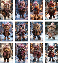 Set of cute anthropomorphic Christmas animals  ice skating