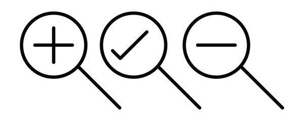 Zoom in zoom out icon vector, magnifying glass simple icon set, loupe with check mark sign, search icon vector in flat trendy illustration isolated on white background.