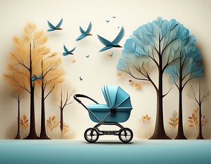 Blue stroller, trees and birds, illustration for pregnancy or birth announcement