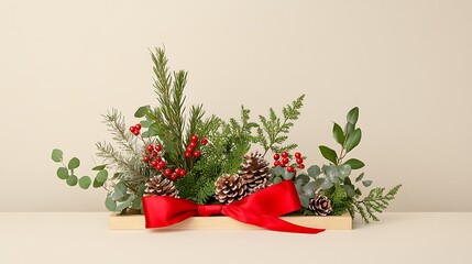 Fototapeta premium Beautifully Wrapped Christmas Gift Decorated with Pine and Berries