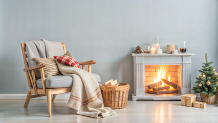 Cozy reading nook with armchair, blanket, and fireplace decorated for Christmas