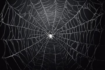 Intricate spider webs on a black background, Halloween-style vector illustration with white lines, eerie shadows, and a dark, mysterious atmosphere.